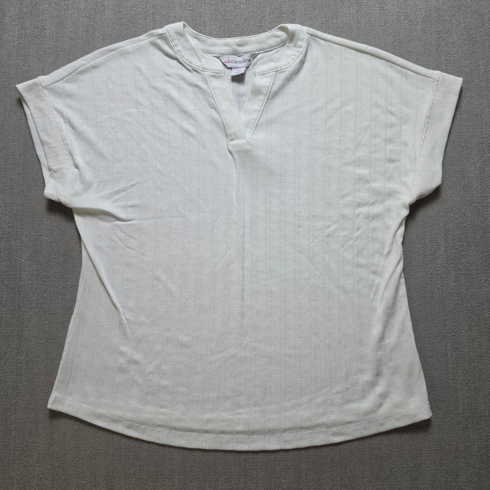 Liz Claiborne Short Sleeve Top Women S White Pointelle Split Neck Tee